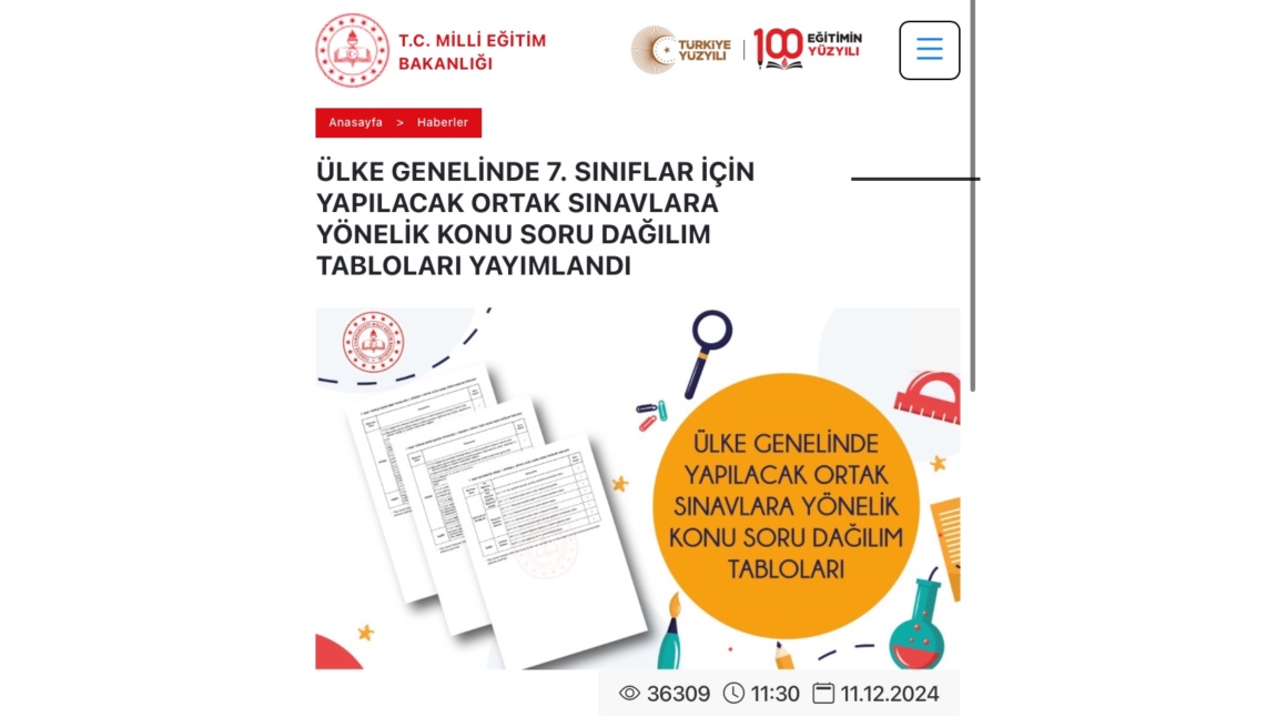 Ülke genelinde 7. Sınıflar için yapılacak ortak sınavlara yönelik konu soru dağılım tabloları yayımlandı.