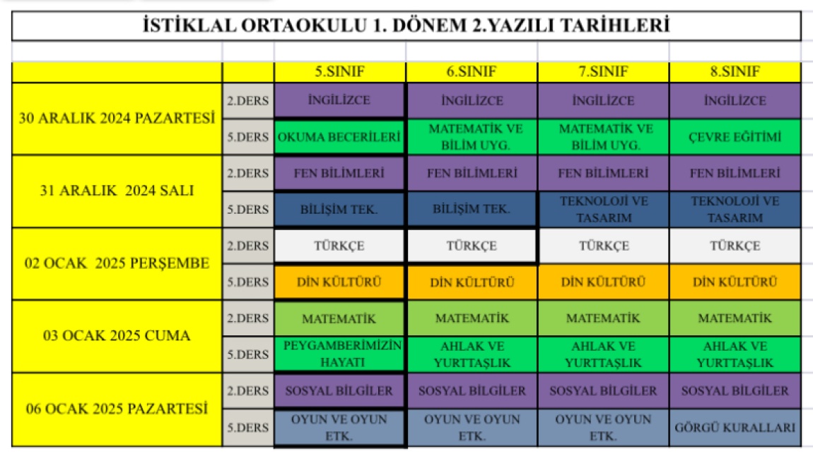 1. Dönem 2. Yazılı Tarihleri 